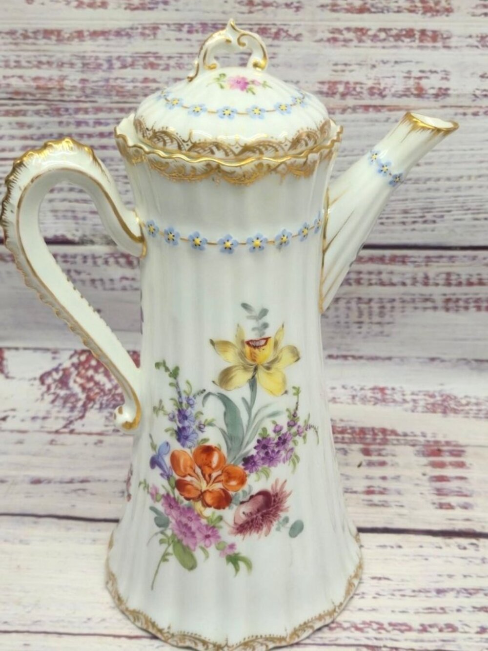 Antique Dresden Helena Wolfsohn Porcelain Chocolate Pot Hand Painted Floral Gold